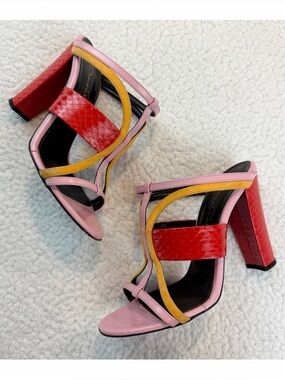 OSCAR DE LA RENTA • Pink/Red/Yellow Strappy Colorblock Open-Toe Heeled Sandals